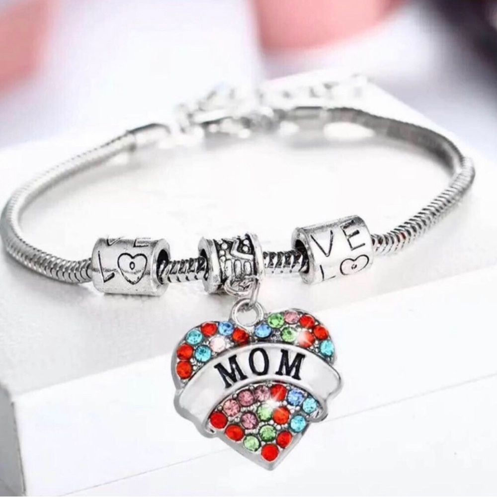 Silver-Tone 'MOM' Heart Charm Bracelet with Multicolor Crystals